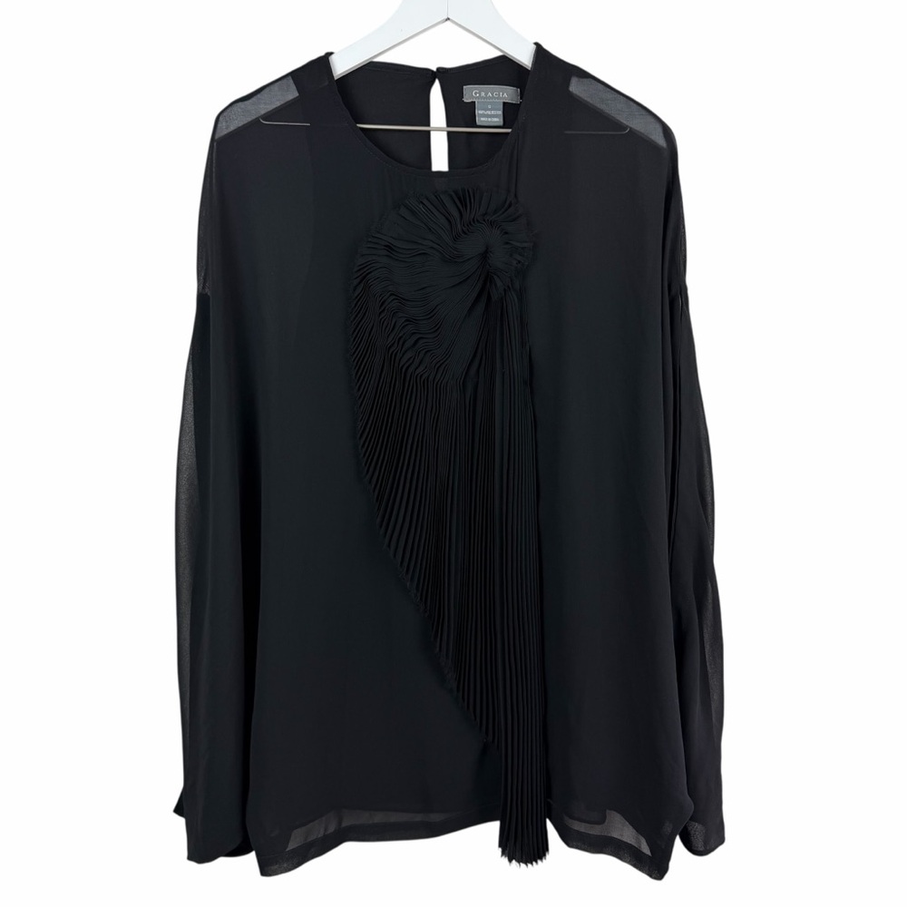 Gracia Black Sheer Blouse Pleated Floral Applique Cape Sleeve Top Small